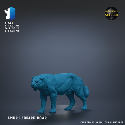 a blue figurine of a leopard, specifically an Amur Leopard Roar, standing on a gray background.
