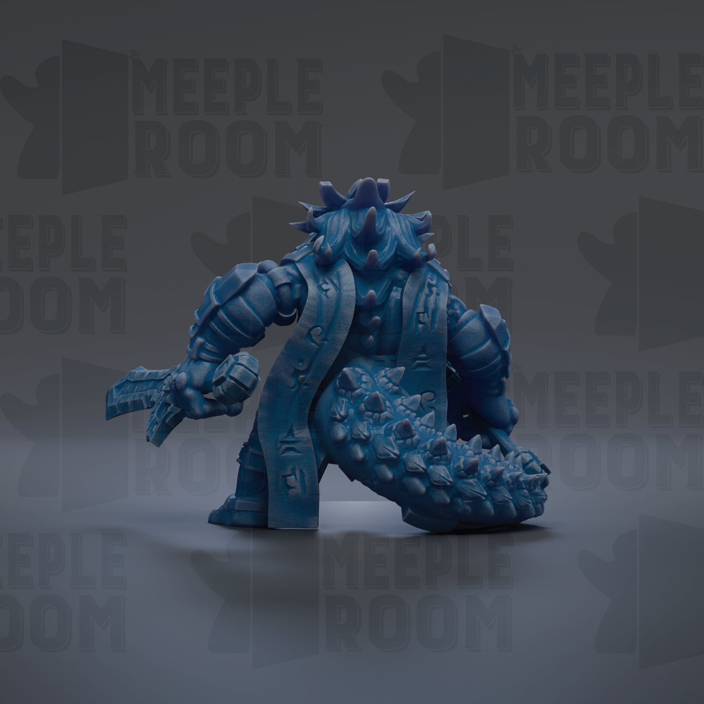 A 3D rendering of a blue, armored character with spikes on its back, standing on a gray surface.