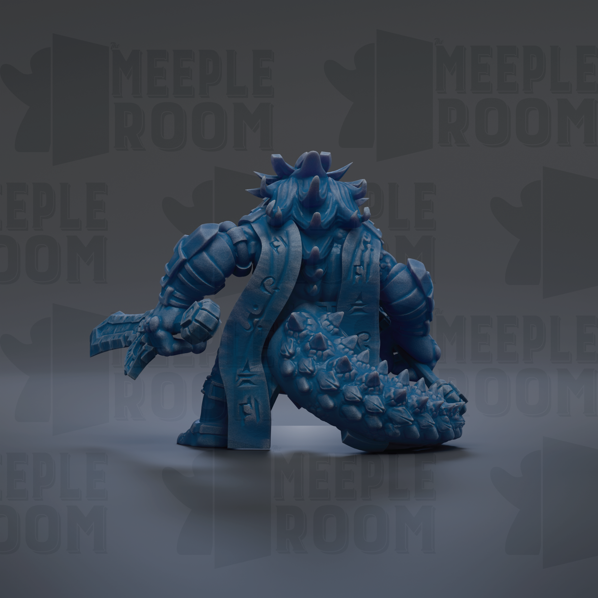 A 3D rendering of a blue, armored character with spikes on its back, standing on a gray surface.
