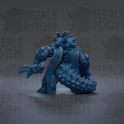 A 3D rendering of a blue, armored character with spikes on its back, standing on a gray surface.