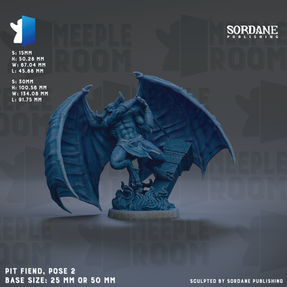 The image is a detailed 3D rendering of a blue bat-like creature with wings, standing on a base and appearing to be in a fighting stance. The creature is the main focus of the image, and the background is a dark gray color. The image is described as a "PIT FIOND. POSE 2" and is shown in a "BASE SIZE: 25MM OR 50MM". The image is published by Sordane Publishing.