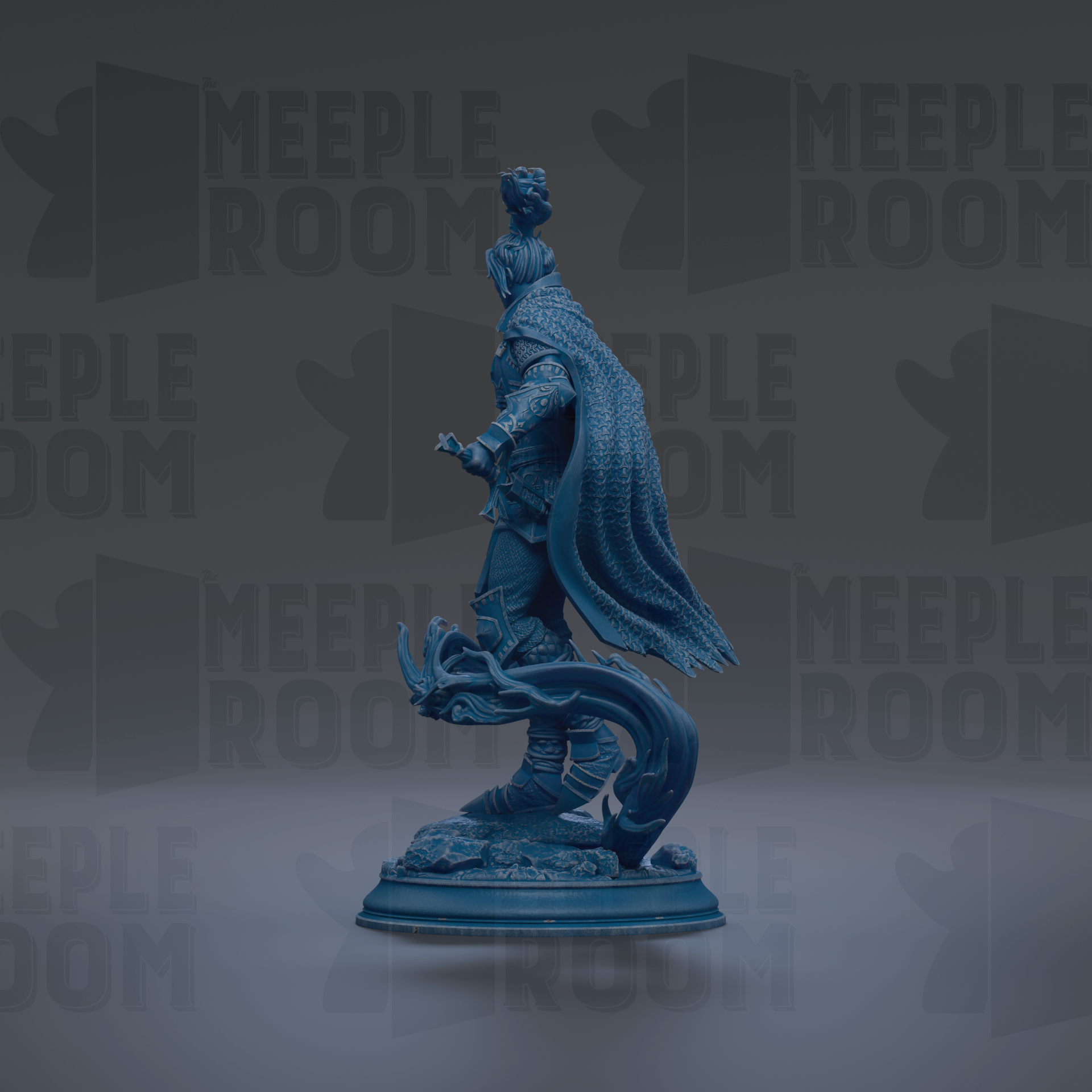 A blue statue of a person standing on a pedestal, with a dragon-like creature on their feet.