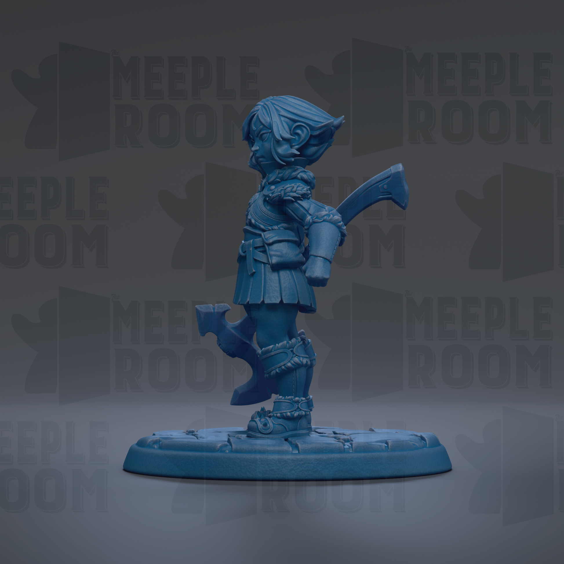 A blue figurine of a person holding a weapon, standing on a platform against a dark background with repeated text.