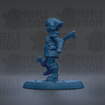 A blue figurine of a person holding a weapon, standing on a platform against a dark background with repeated text.