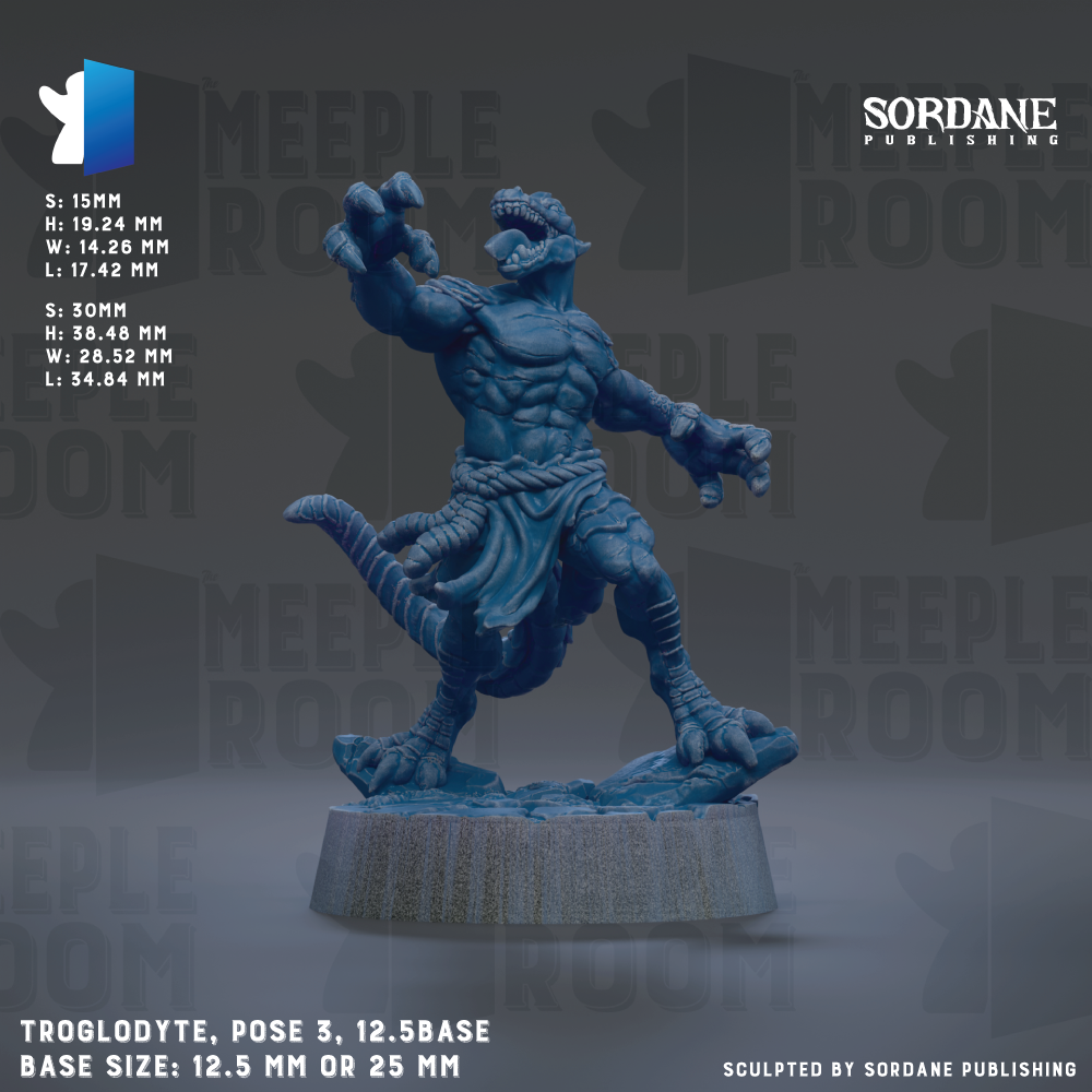 a blue figurine of a muscular, clawed creature with a large head and extended arms, standing on a base. The figurine is posed in a dynamic, fighting stance. The image is described as a "collage of multiple images" and is published by Sordane Publishing. The base size of the figurine is either 12.5 mm or 25 mm.