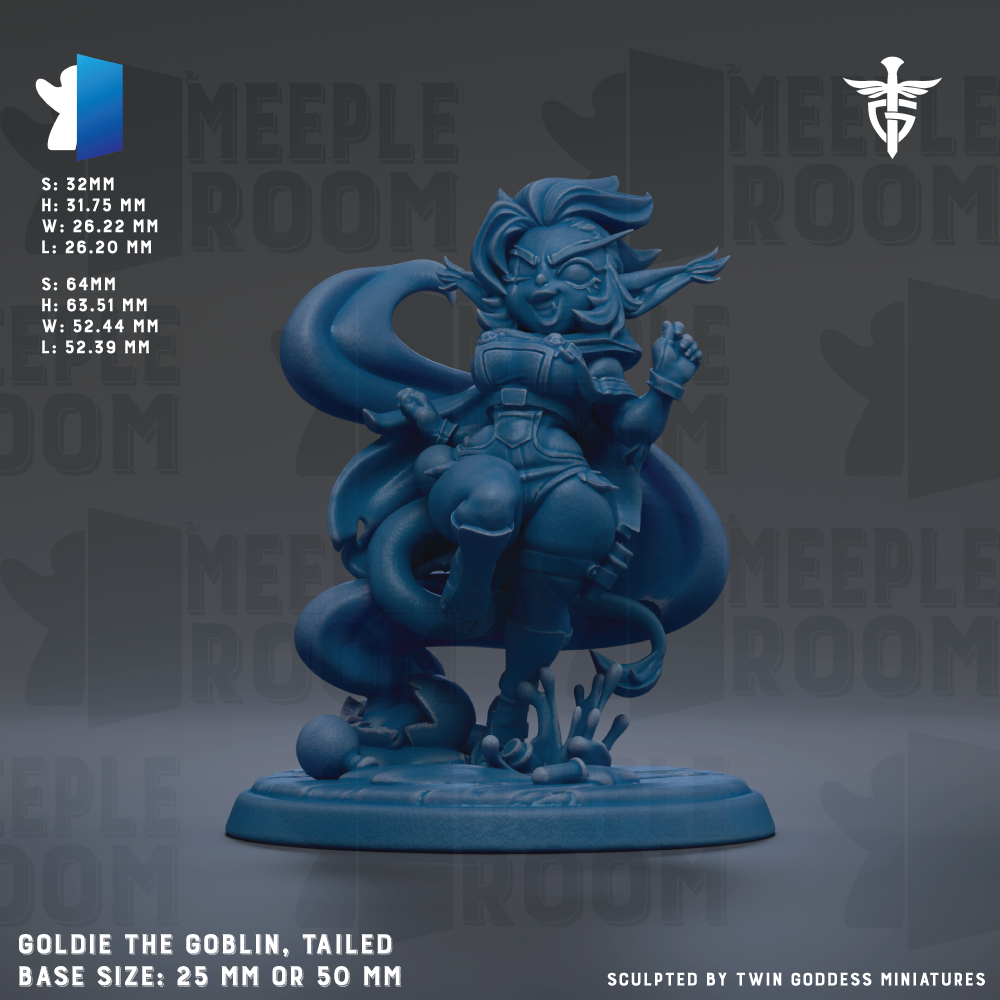 The image is a 3D rendering of a figurine of a character named Goldie the Goblin, which is a character from the video game Meeple Room. The figurine is described as being a "Tailored" base size of 25mm or 50mm, and it is shown in a 3D rendering against a dark background.