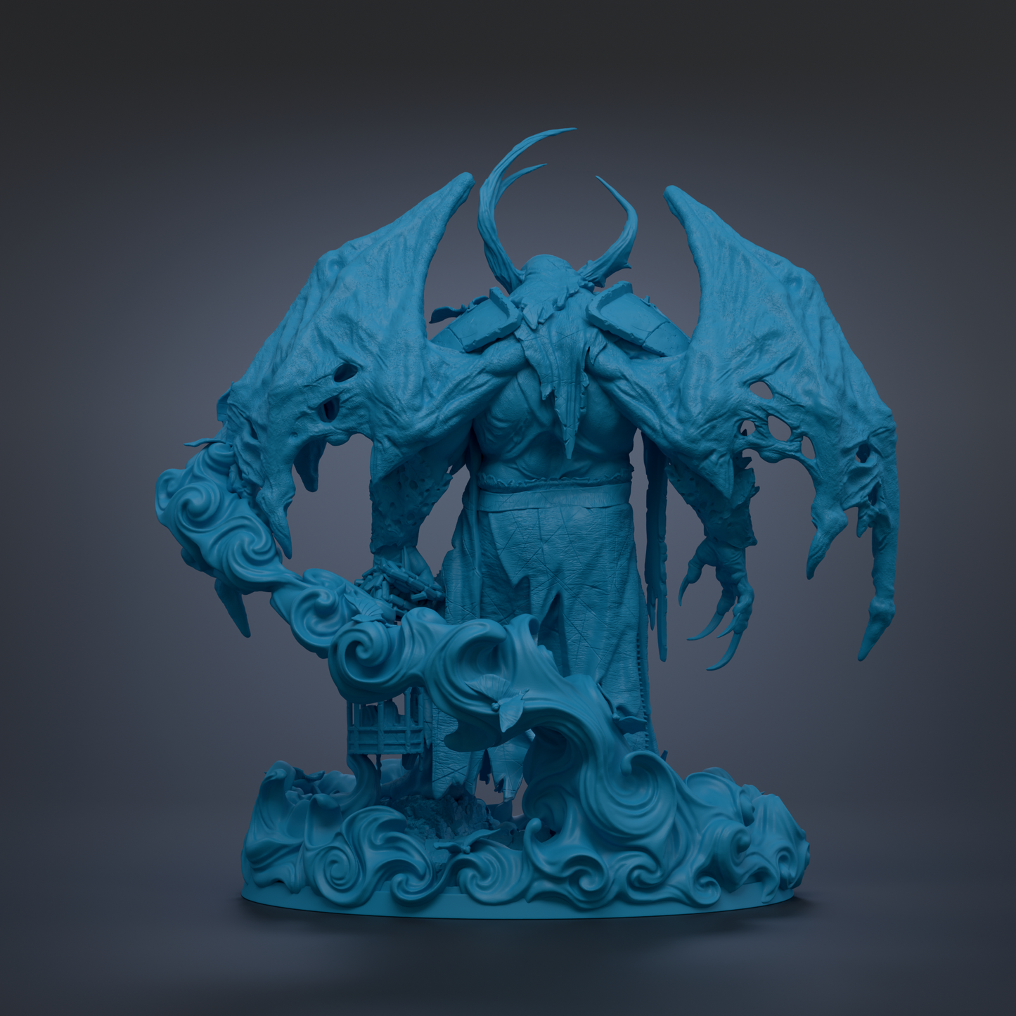 A blue, 3D-rendered statue of a winged, horned creature with a skull-like head, standing on a base with swirling patterns.