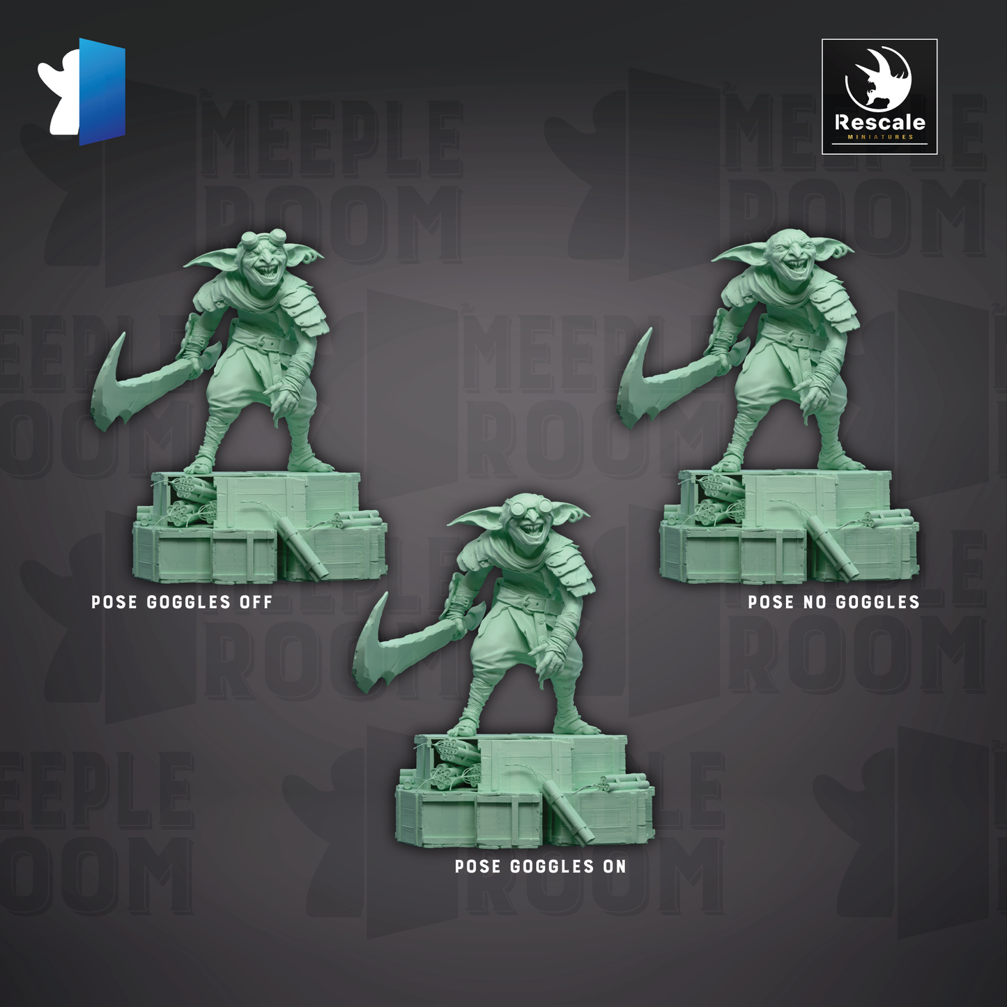 three green figurines of a gremlin-like character, each with different poses. The first figurine is standing on a platform with a sword, the second figurine is standing on a platform with a gogo stick, and the third figurine is standing on a platform with a gogo stick.