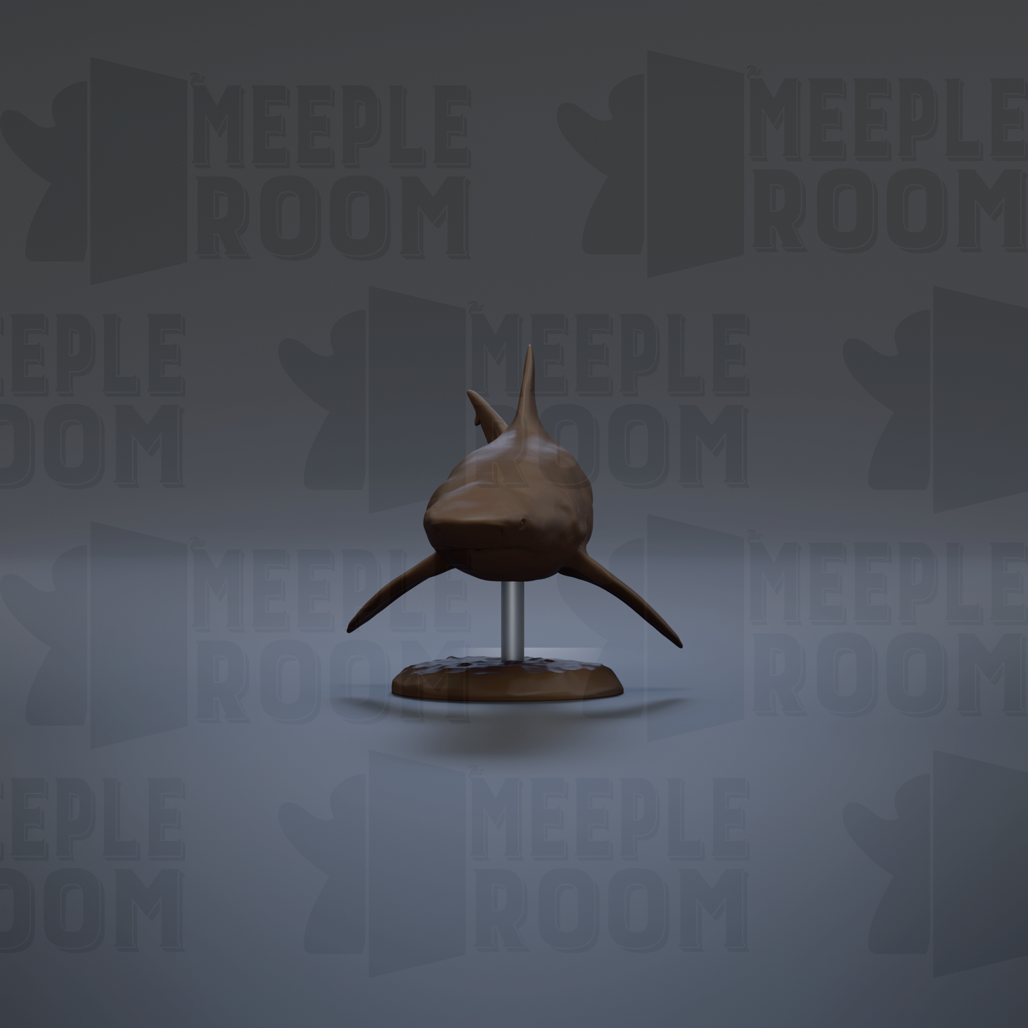 A 3D model of a shark is displayed on a stand against a gray background with repeated text.