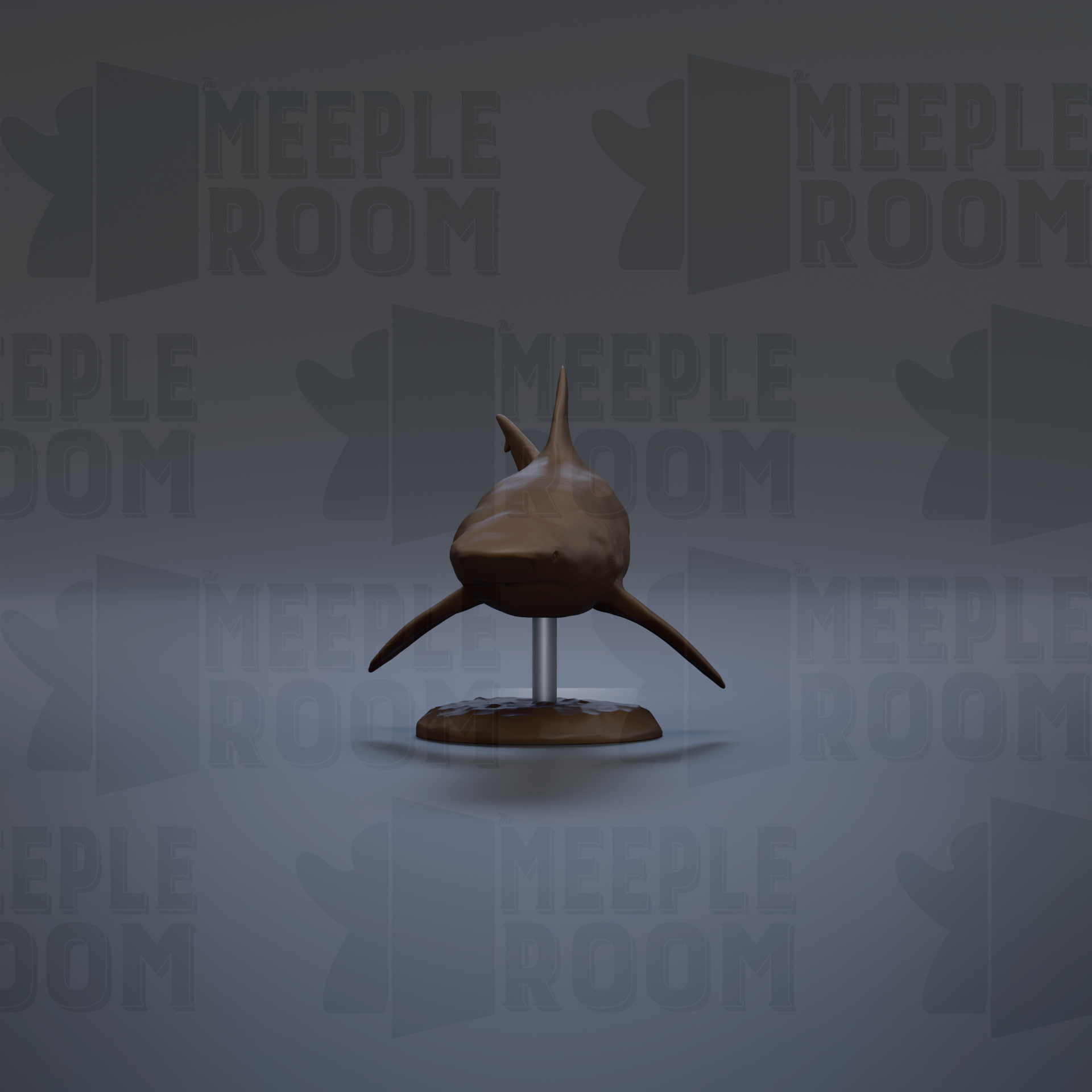 A 3D model of a shark is displayed on a stand against a gray background with repeated text.