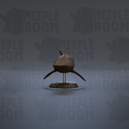 A 3D model of a shark is displayed on a stand against a gray background with repeated text.