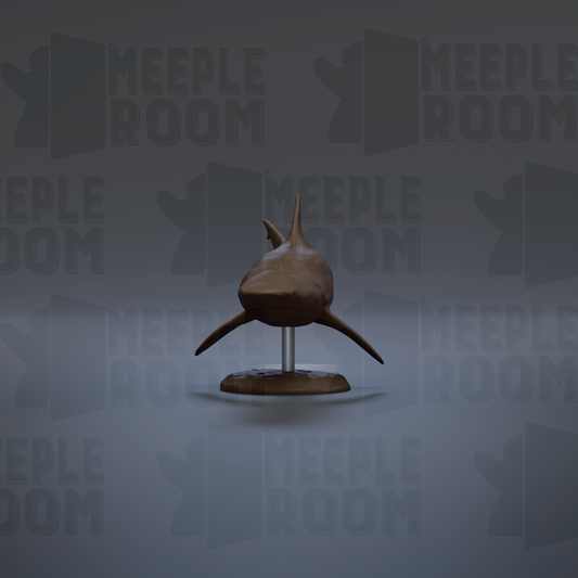 A 3D model of a shark is displayed on a stand against a gray background with repeated text.