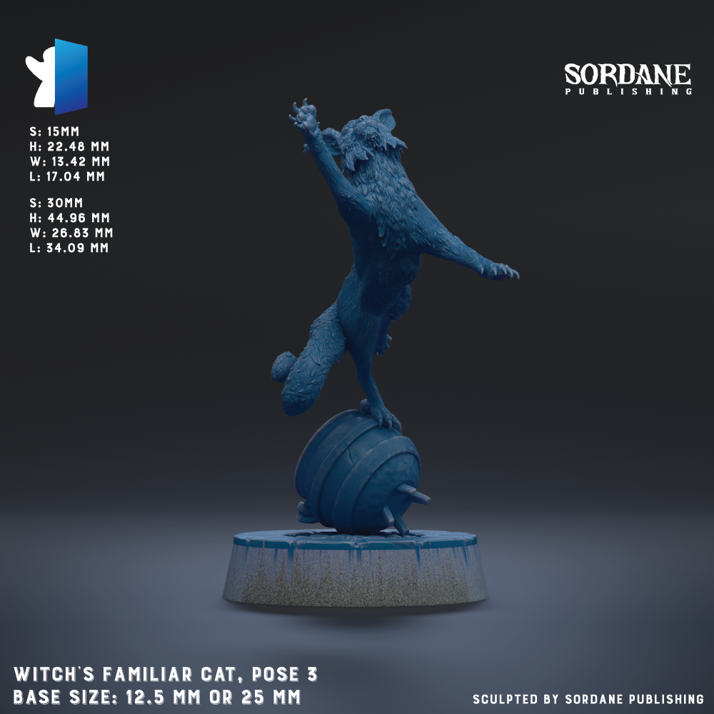 The image is a 3D rendering of a figurine of a cat, specifically a witch's familiar cat, posed on a base. The base size is either 12.5 mm or 25 mm. The figurine is shown in a dynamic pose, with its arms raised and legs spread out. The image does not contain any text, and the focus is on the figurine and its pose.