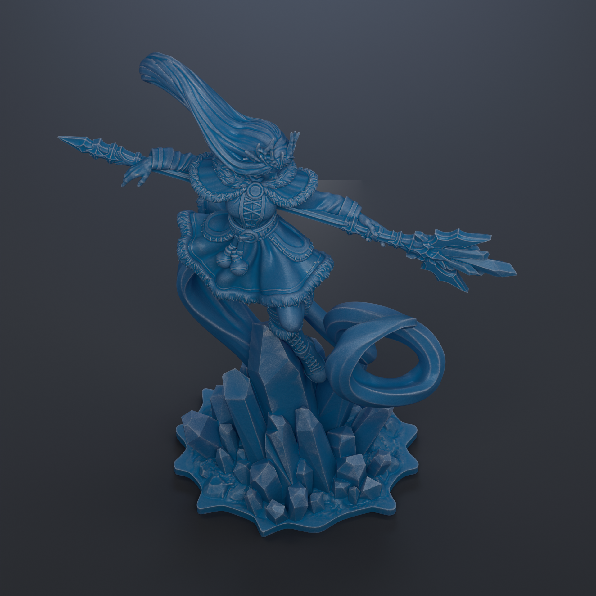 A 3D rendering of a blue, fantastical creature with long hair and a flowing skirt, standing on a base of crystals or rocks.