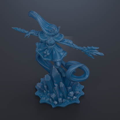 A 3D rendering of a blue, fantastical creature with long hair and a flowing skirt, standing on a base of crystals or rocks.