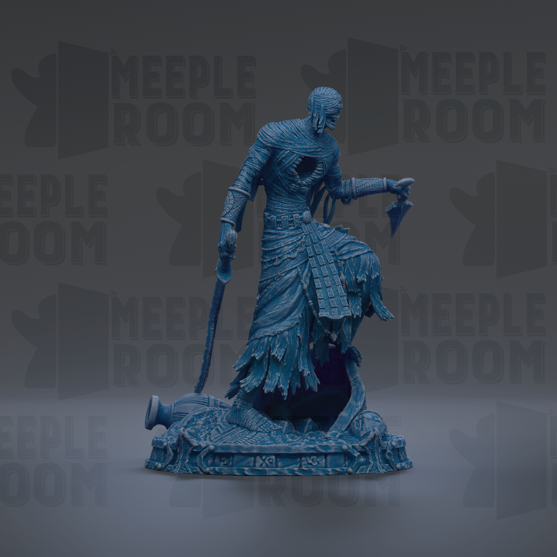 A blue, 3D-rendered statue of a warrior figure with a sword and shield, standing on a platform against a dark background with repeated text.