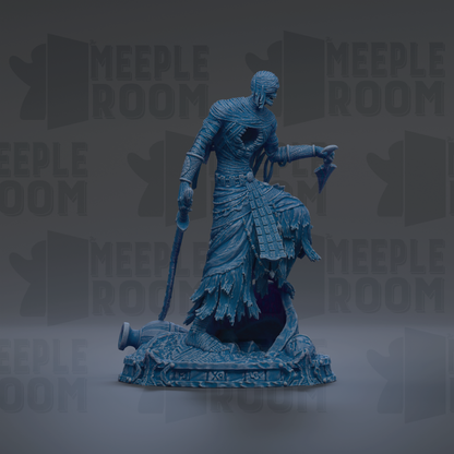 A blue, 3D-rendered statue of a warrior figure with a sword and shield, standing on a platform against a dark background with repeated text.