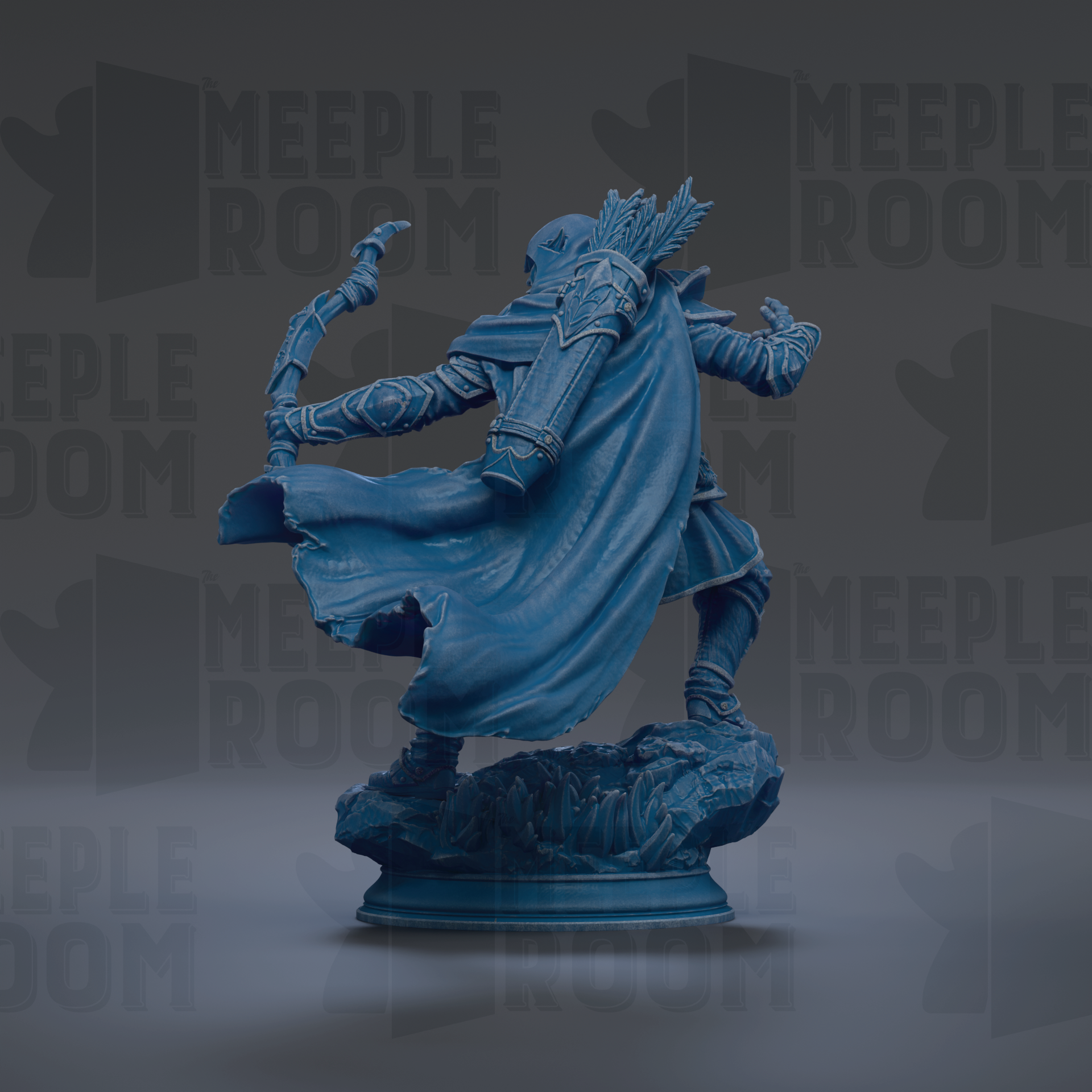 A blue statue of a figure with a bow and arrow, standing on a rock formation.
