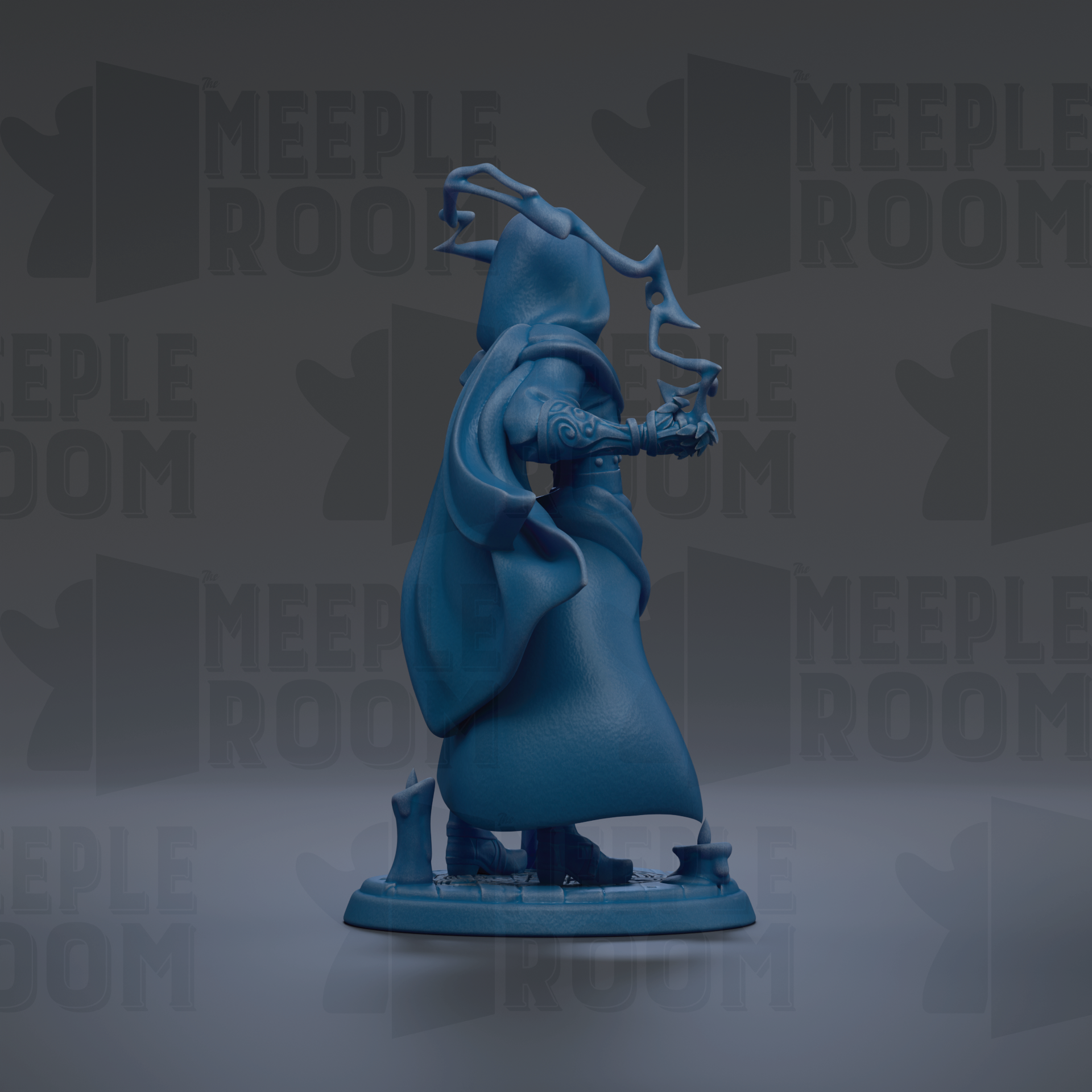 A blue figurine of a person with a flowing robe and a hood, standing on a base and holding a small object in their hand.