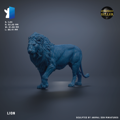 A 3D model of a blue lion statue is displayed against a dark background.