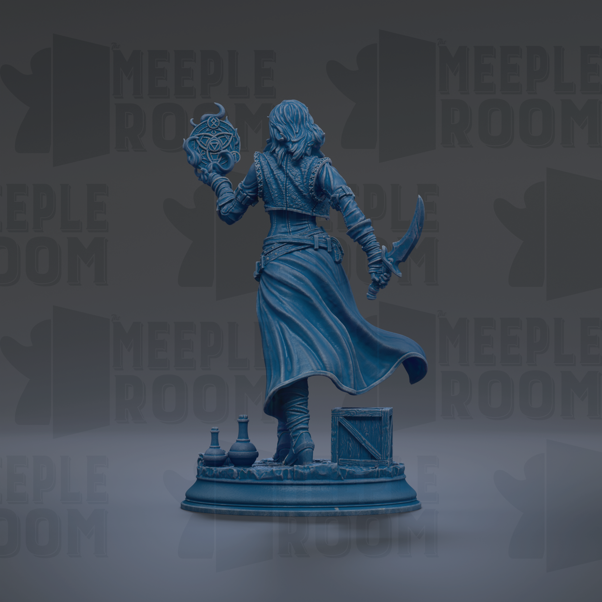 A blue statue of a person holding a crescent moon and a crescent star, standing on a pedestal with various objects around it.