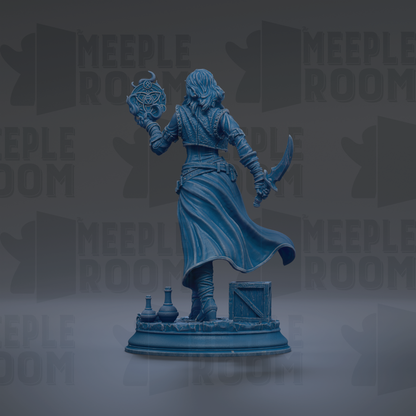 A blue statue of a person holding a crescent moon and a crescent star, standing on a pedestal with various objects around it.