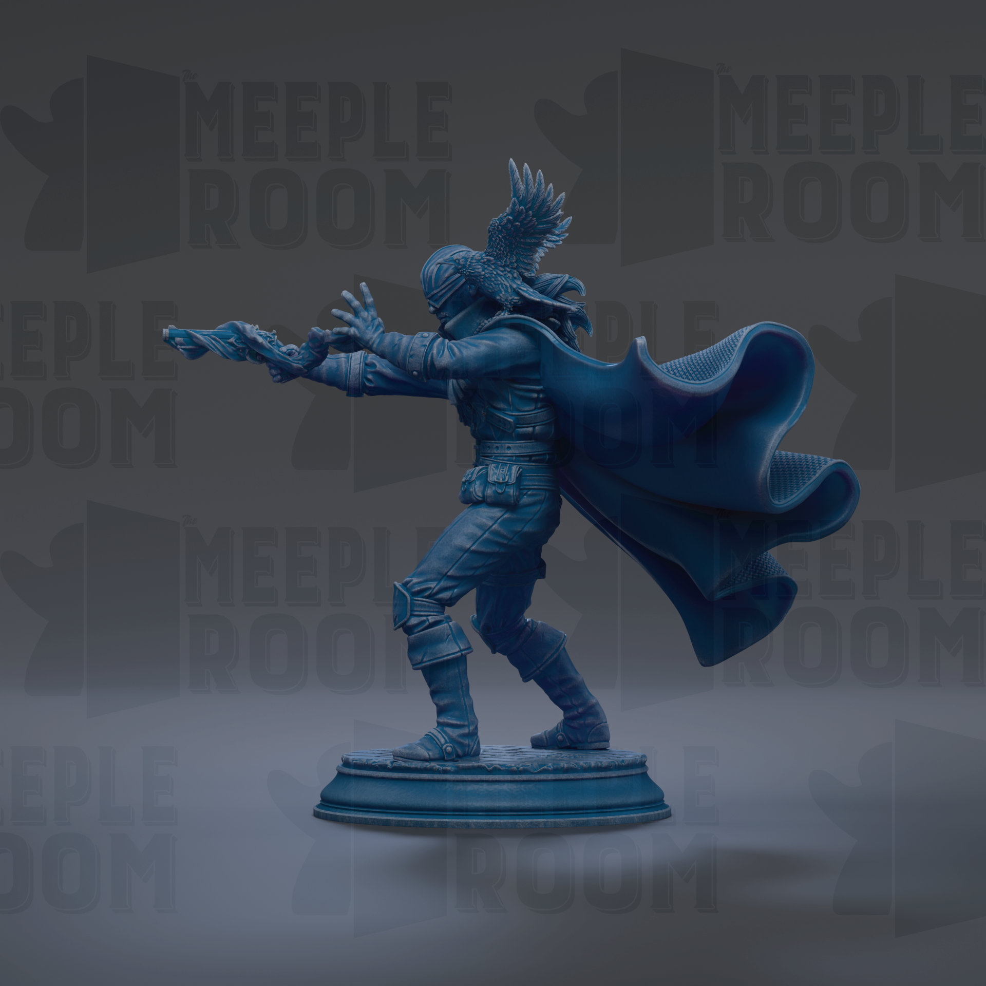 A blue statue of a person with wings, holding a staff, standing on a pedestal against a dark background with repeated text.