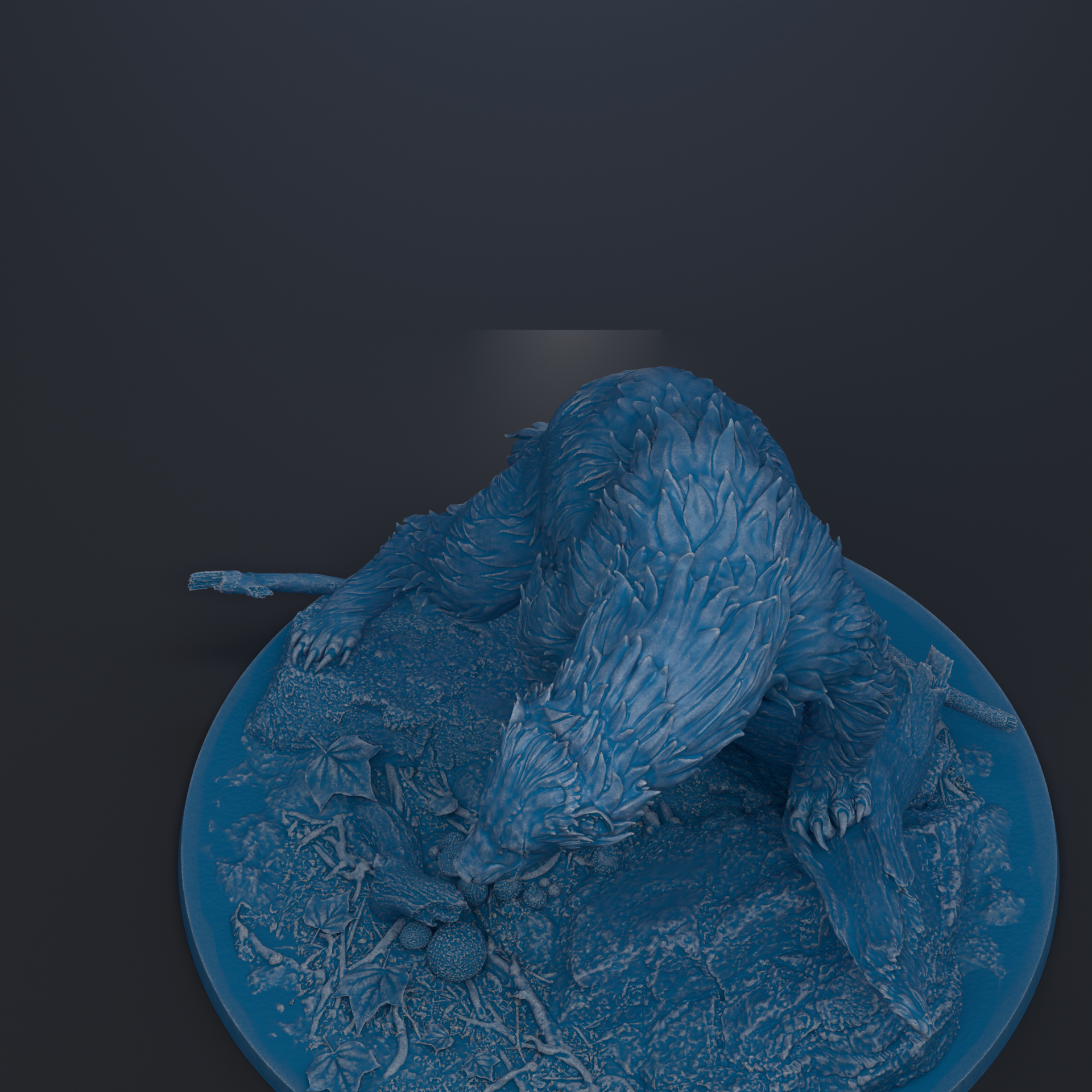 A 3D rendering of a blue bear sculpture sitting on a blue base.