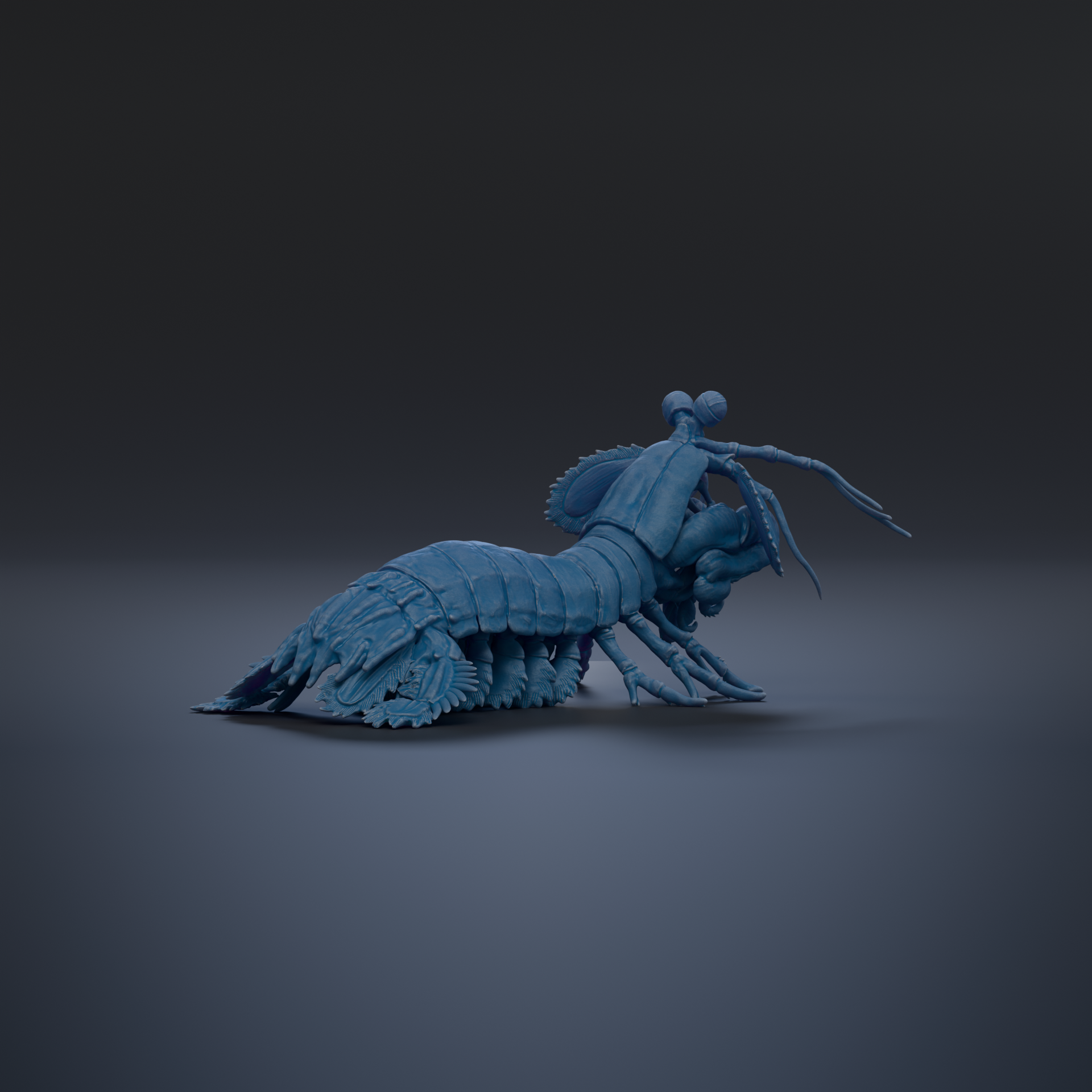 A 3D rendering of a blue crustacean, possibly a lobster or crab, sitting on a dark surface.