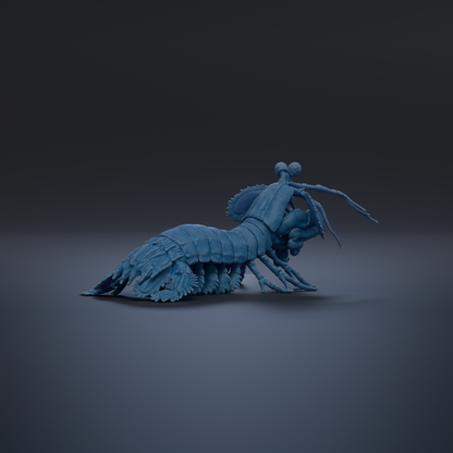 A 3D rendering of a blue crustacean, possibly a lobster or crab, sitting on a dark surface.