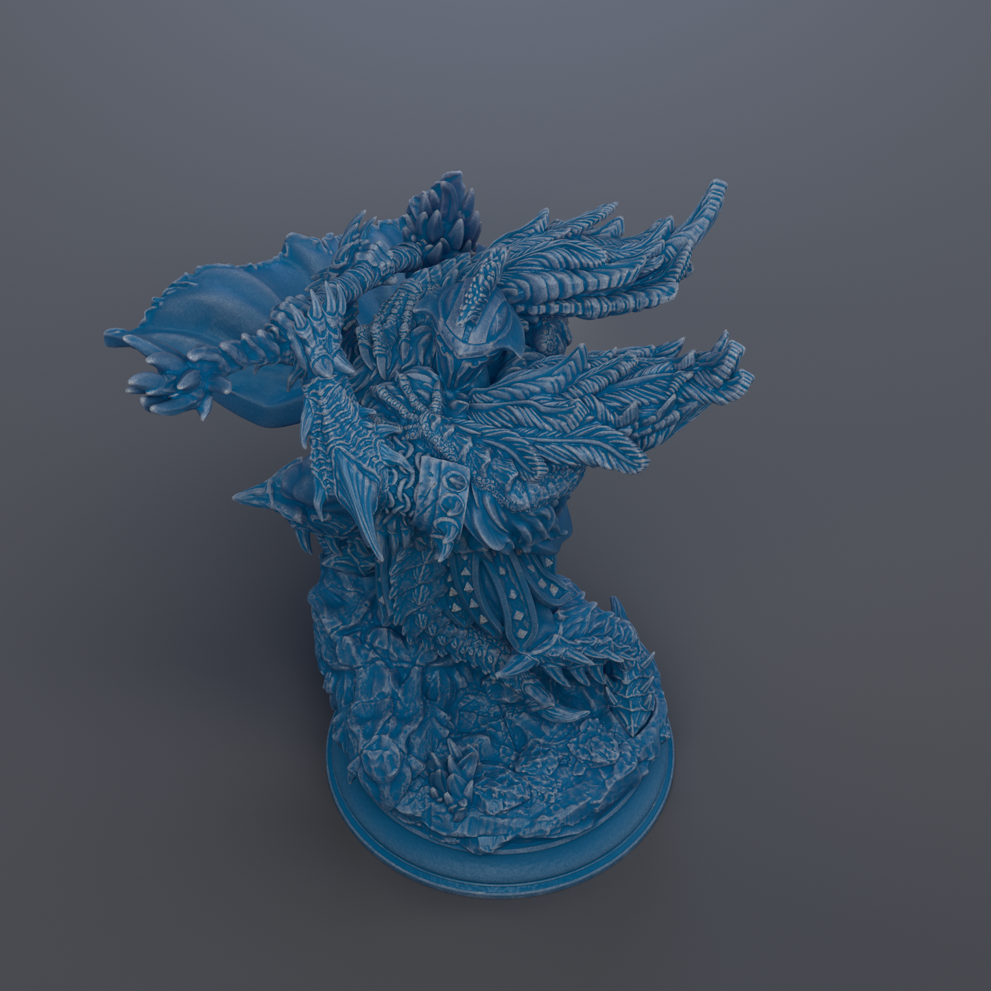 A 3D rendering of a blue, intricate dragon-like creature with detailed scales and wings.