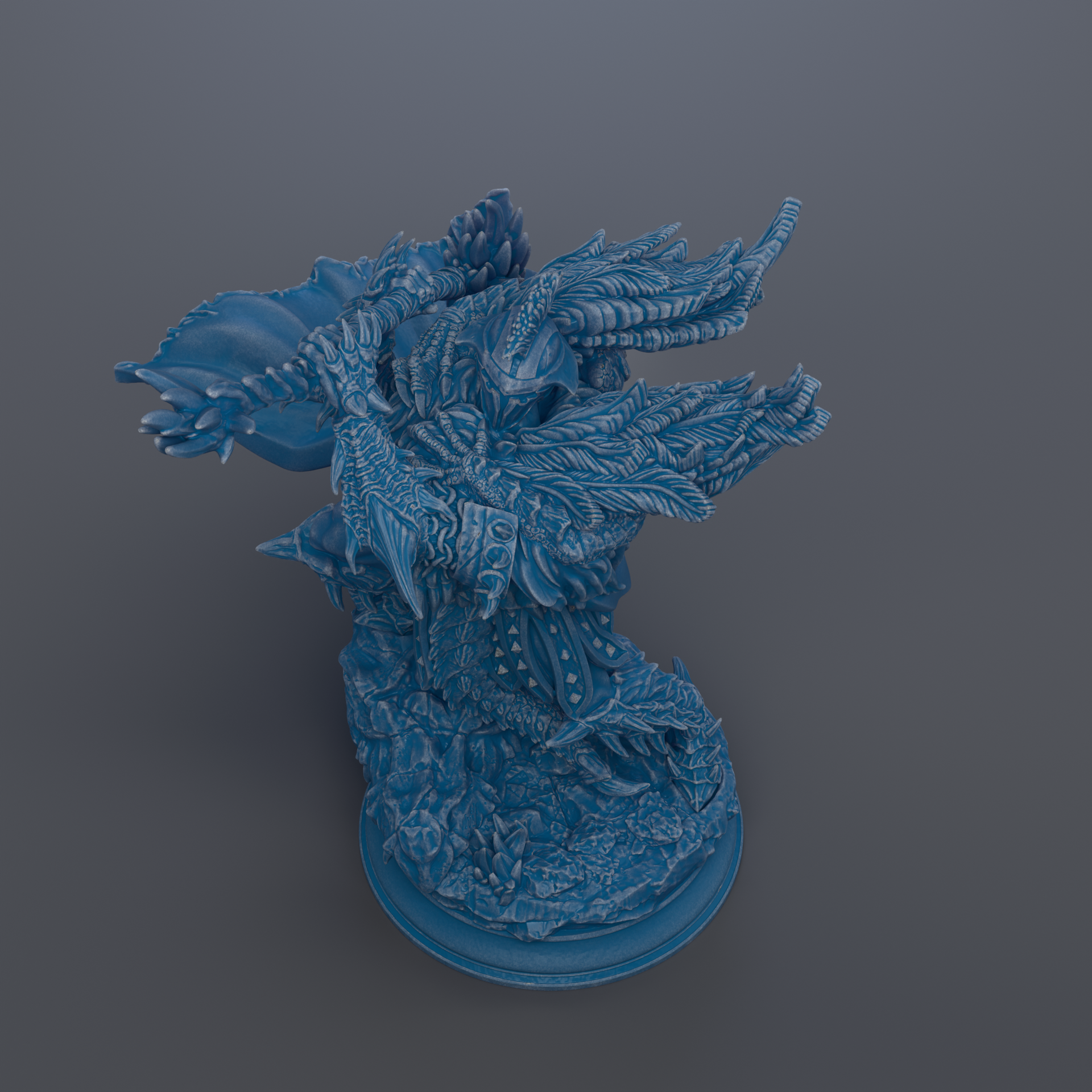 A 3D rendering of a blue, intricate dragon-like creature with detailed scales and wings.