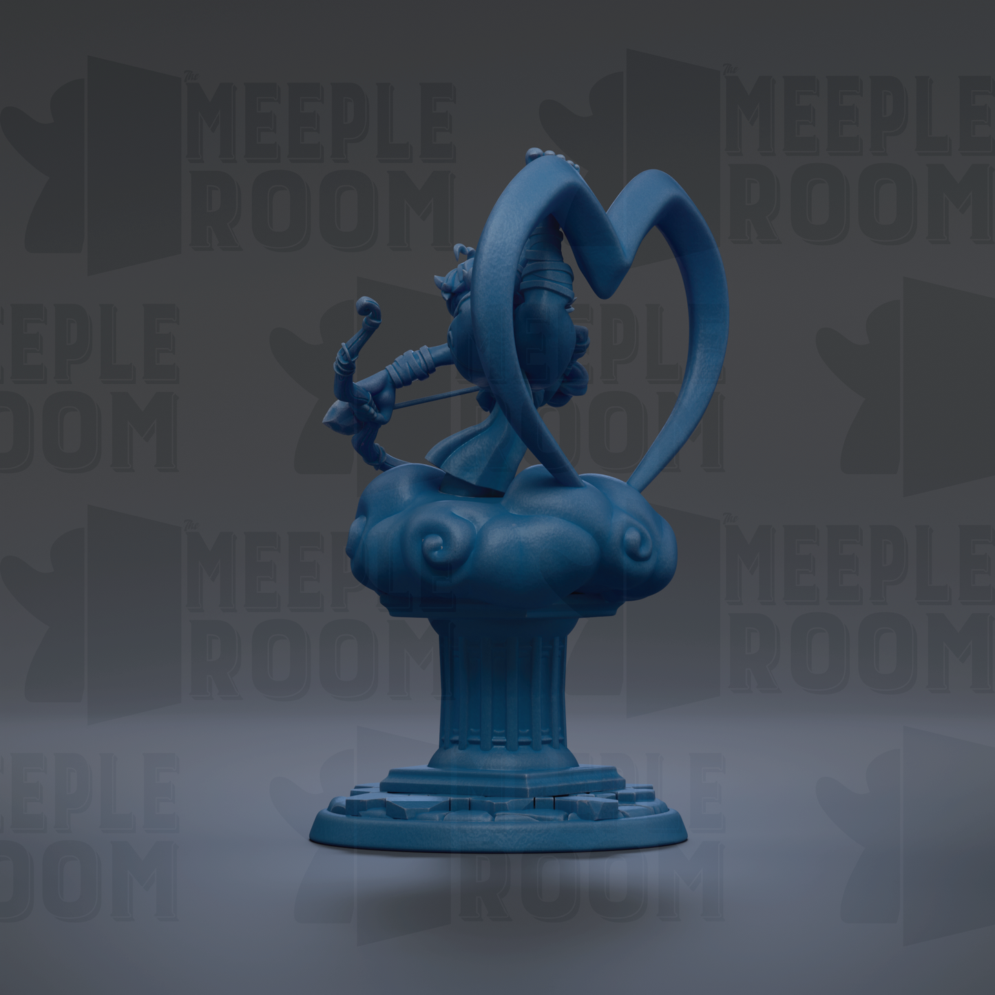 A blue statue of a person holding a bow and arrow, standing on a pedestal.