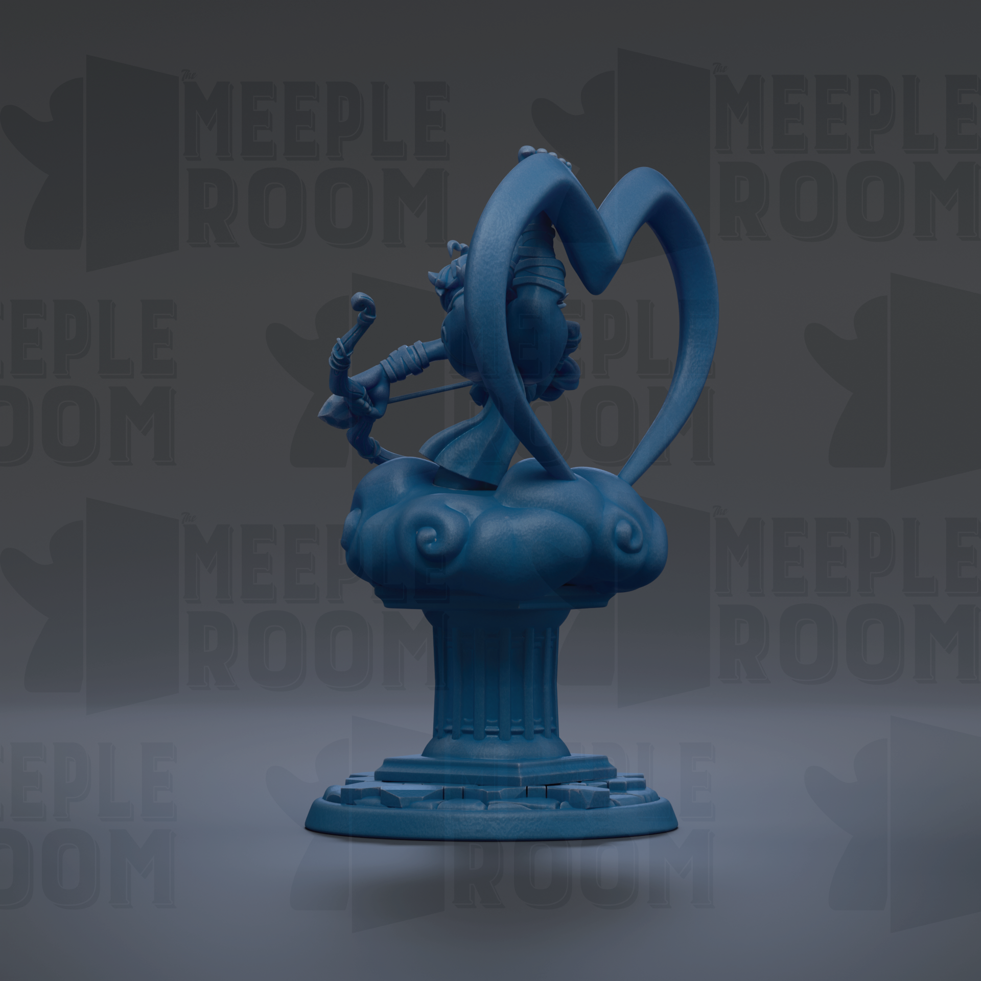 A blue statue of a person holding a bow and arrow, standing on a pedestal.