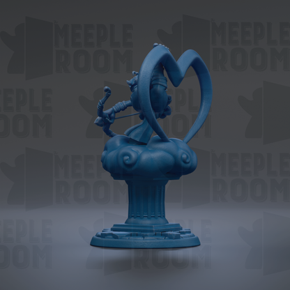 A blue statue of a person holding a bow and arrow, standing on a pedestal.
