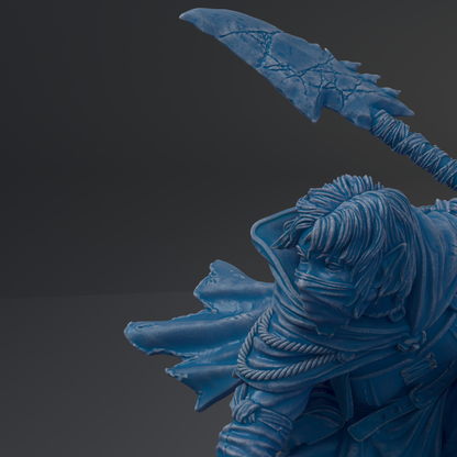 A close-up view of a blue, sculpted figure with a sword in its hand, set against a dark background.