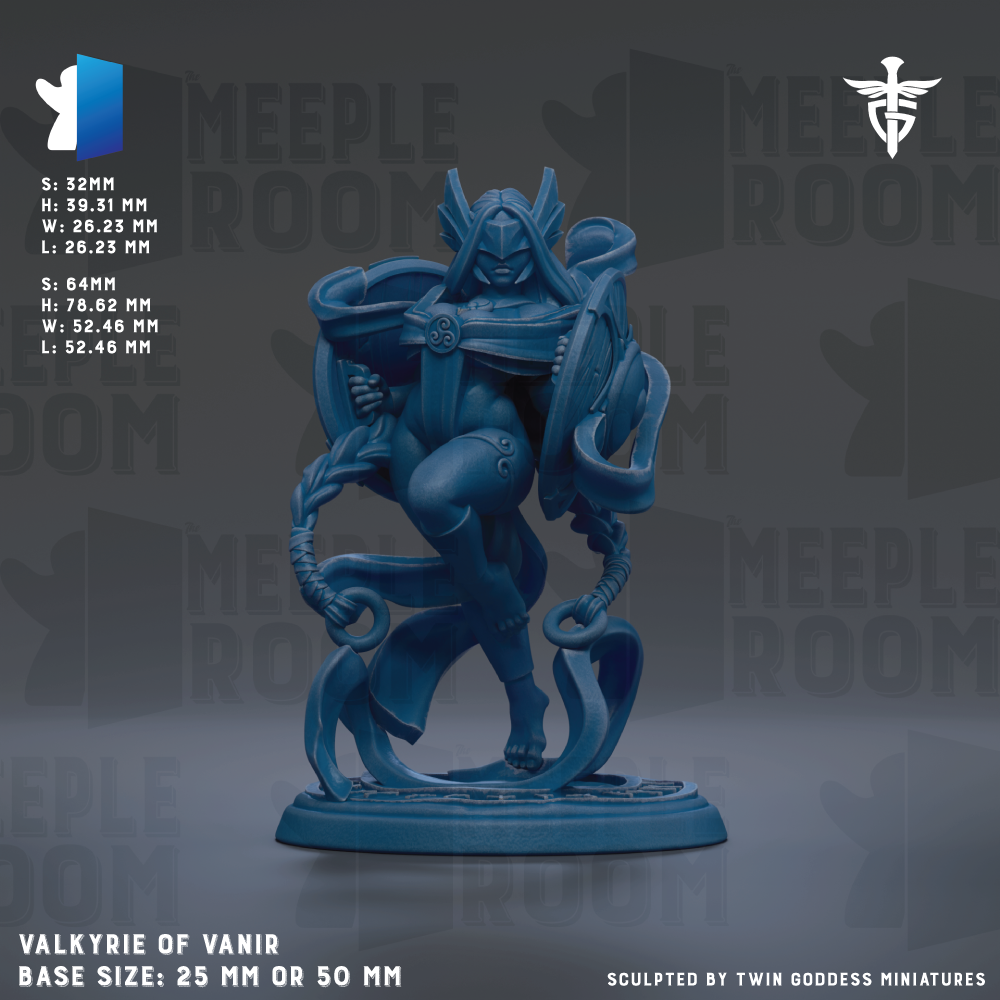 The image is a detailed 3D model of a blue fantasy character, likely a deity or mythological figure, with intricate details and a sculpted appearance. The character is standing on a base that is either 25mm or 50mm in size, depending on the perspective. The image is a collage of various images, and it is described as a "base size: 25mm or 50mm" sculpture. The image is created by "TWIN GODESS MINIATURES" and is titled "VALKYRIE OF VANIR".
