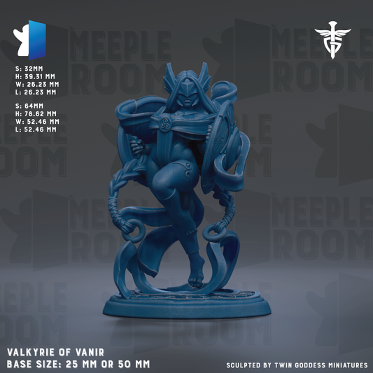 The image is a detailed 3D model of a blue fantasy character, likely a deity or mythological figure, with intricate details and a sculpted appearance. The character is standing on a base that is either 25mm or 50mm in size, depending on the perspective. The image is a collage of various images, and it is described as a "base size: 25mm or 50mm" sculpture. The image is created by "TWIN GODESS MINIATURES" and is titled "VALKYRIE OF VANIR".