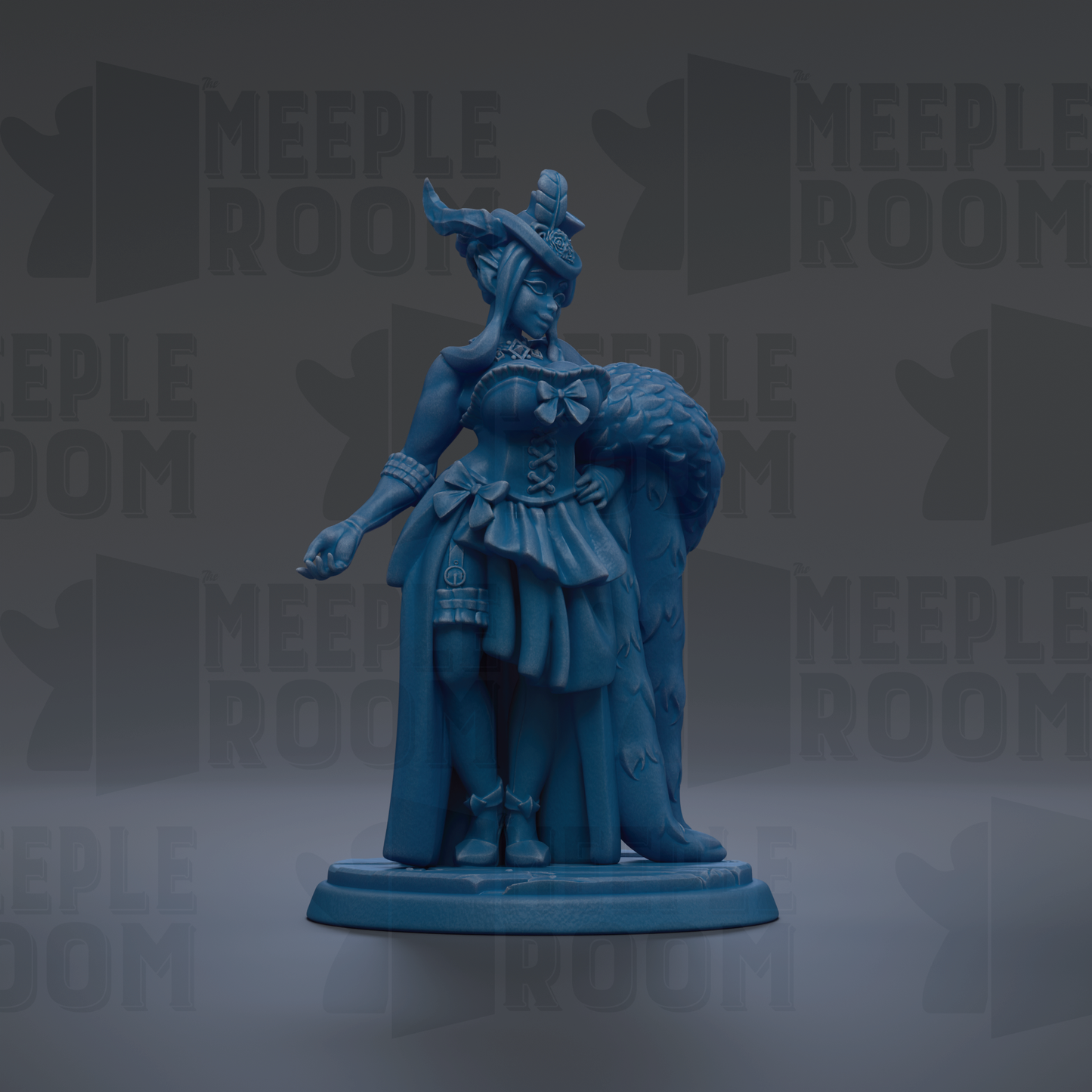 A blue figurine of a woman wearing a decorative dress and headpiece, standing on a pedestal.