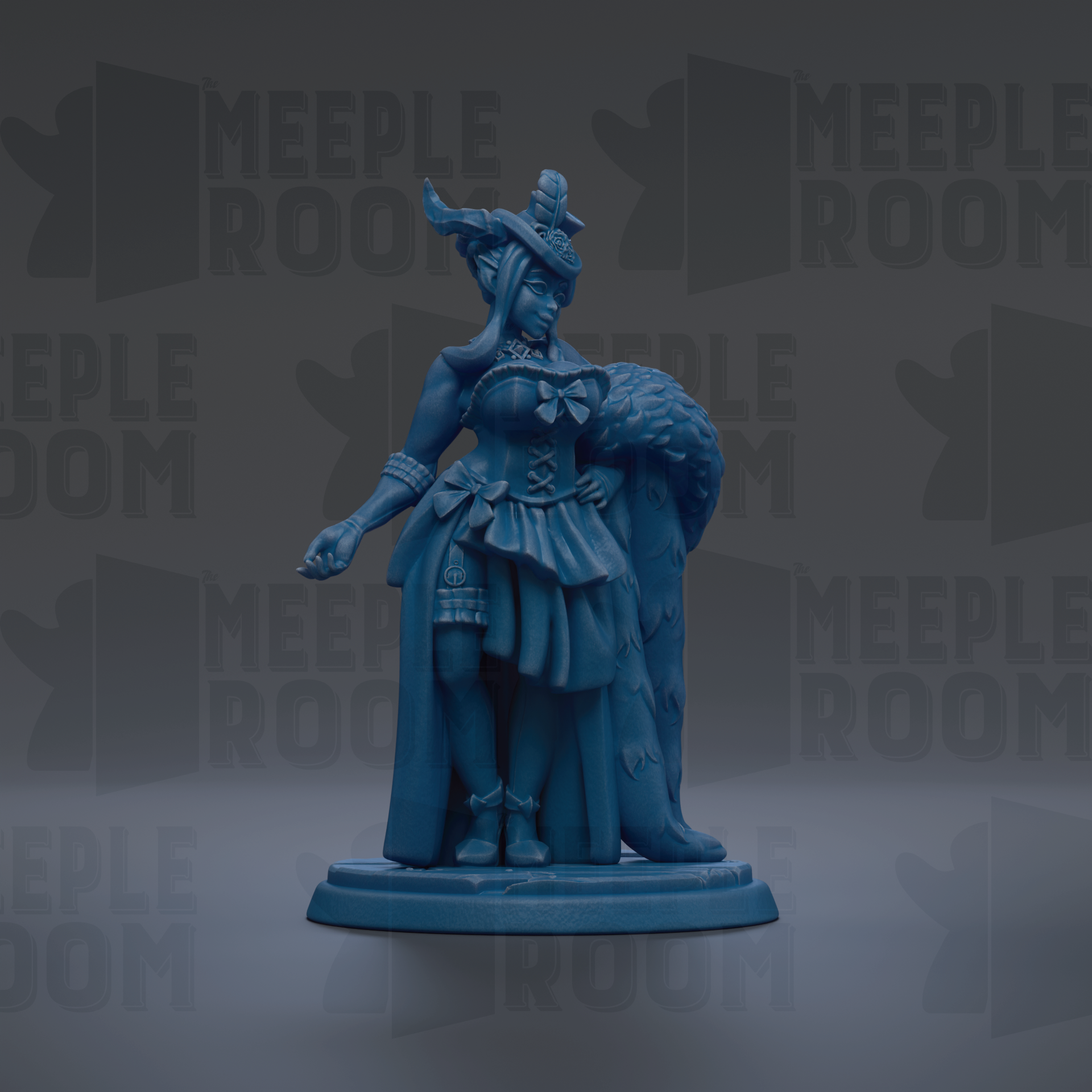 A blue figurine of a woman wearing a decorative dress and headpiece, standing on a pedestal.