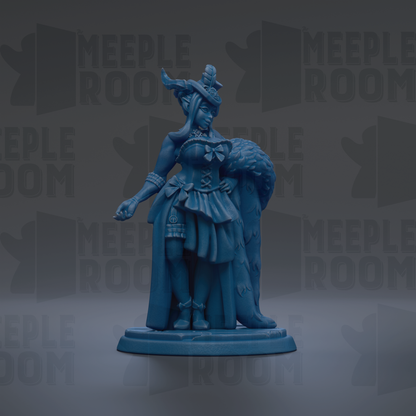 A blue figurine of a woman wearing a decorative dress and headpiece, standing on a pedestal.