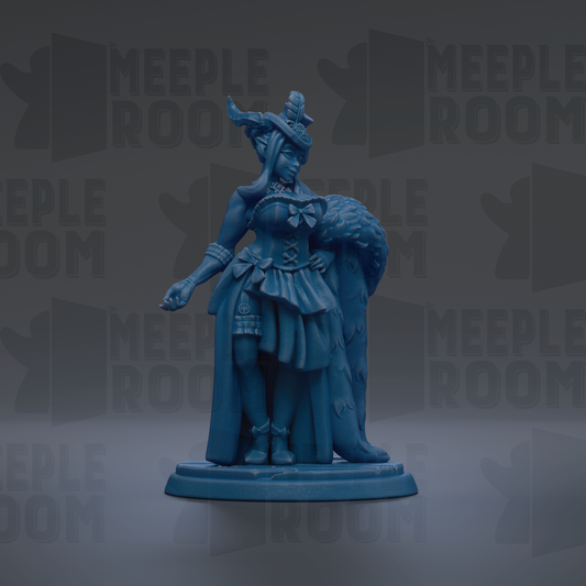 A blue figurine of a woman wearing a decorative dress and headpiece, standing on a pedestal.