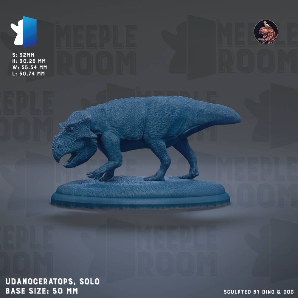 The image is a 3D model of a dinosaur, specifically a Meeple dinosaur, displayed on a blue base. The dinosaur is shown in a dynamic pose, with its mouth open and tongue visible. The image is described as a "collage of multiple images" and is labeled as a "base size: 50 mm".