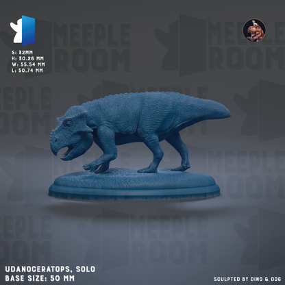 The image is a 3D model of a dinosaur, specifically a Meeple dinosaur, displayed on a blue base. The dinosaur is shown in a dynamic pose, with its mouth open and tongue visible. The image is described as a "collage of multiple images" and is labeled as a "base size: 50 mm".