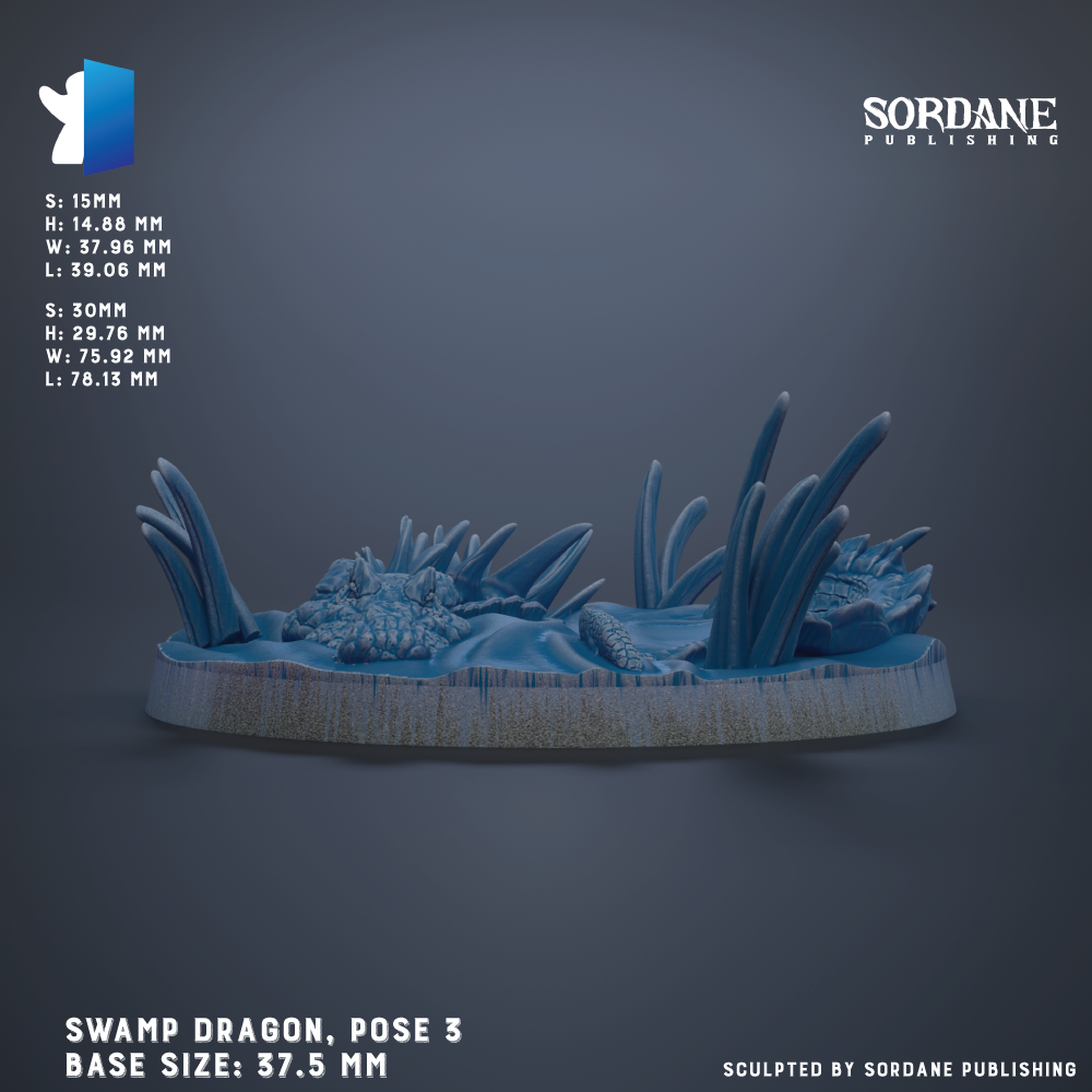 The image is a 3D rendering of a swamp dragon pose, with the dragon's body and wings depicted in a blue color. The dragon is shown in a pose that resembles it is standing on a rock or a base. The image is labeled with the base size and dimensions, which are 37.5 mm in width and height. The image is published by Sordane Publishing.