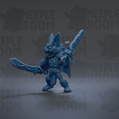 A blue, furry creature with horns and a sword stands in the center of the image against a dark background with repeated text.