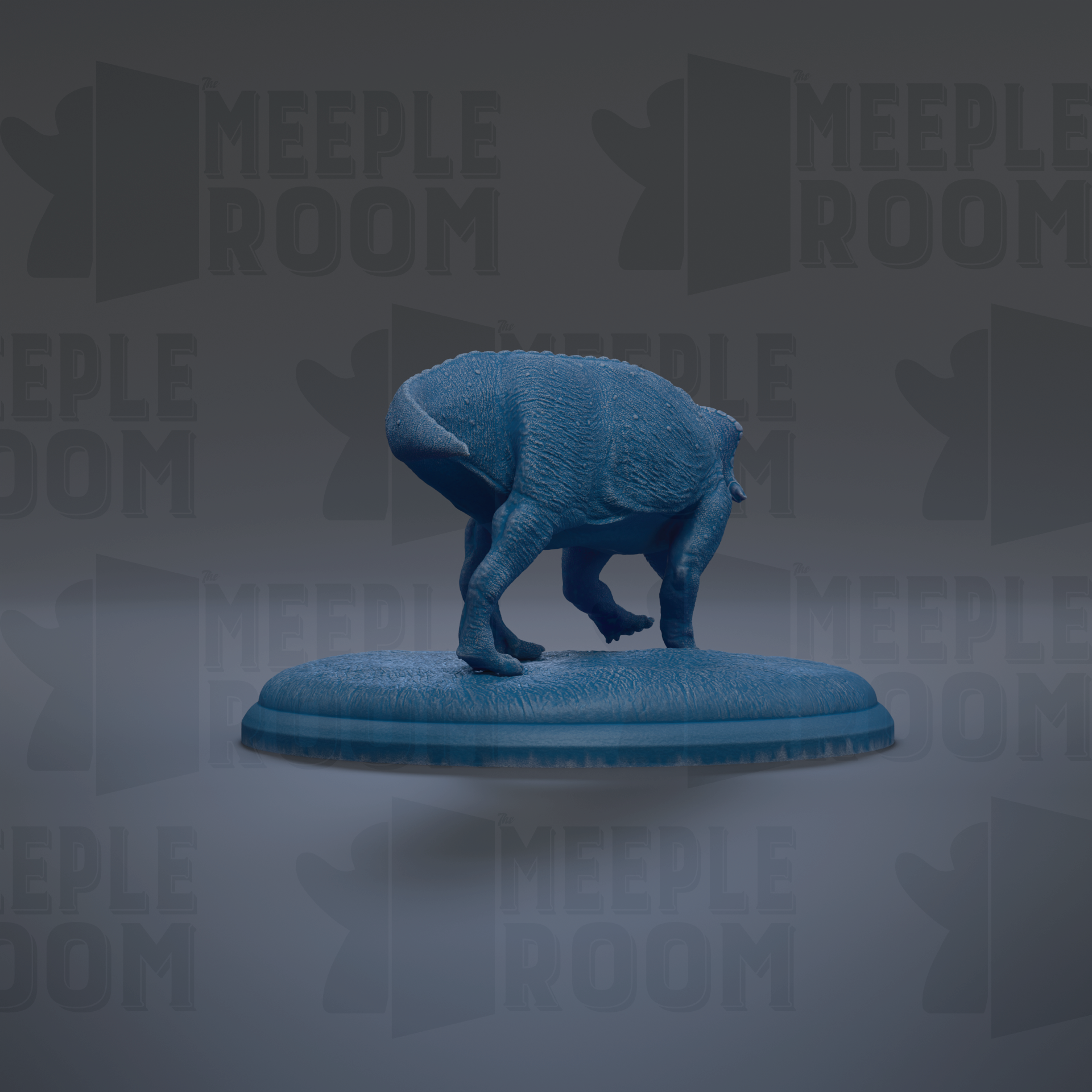 A blue dinosaur figurine is standing on a blue platform against a gray background with repeated "MEIPLLE ROOM" text.