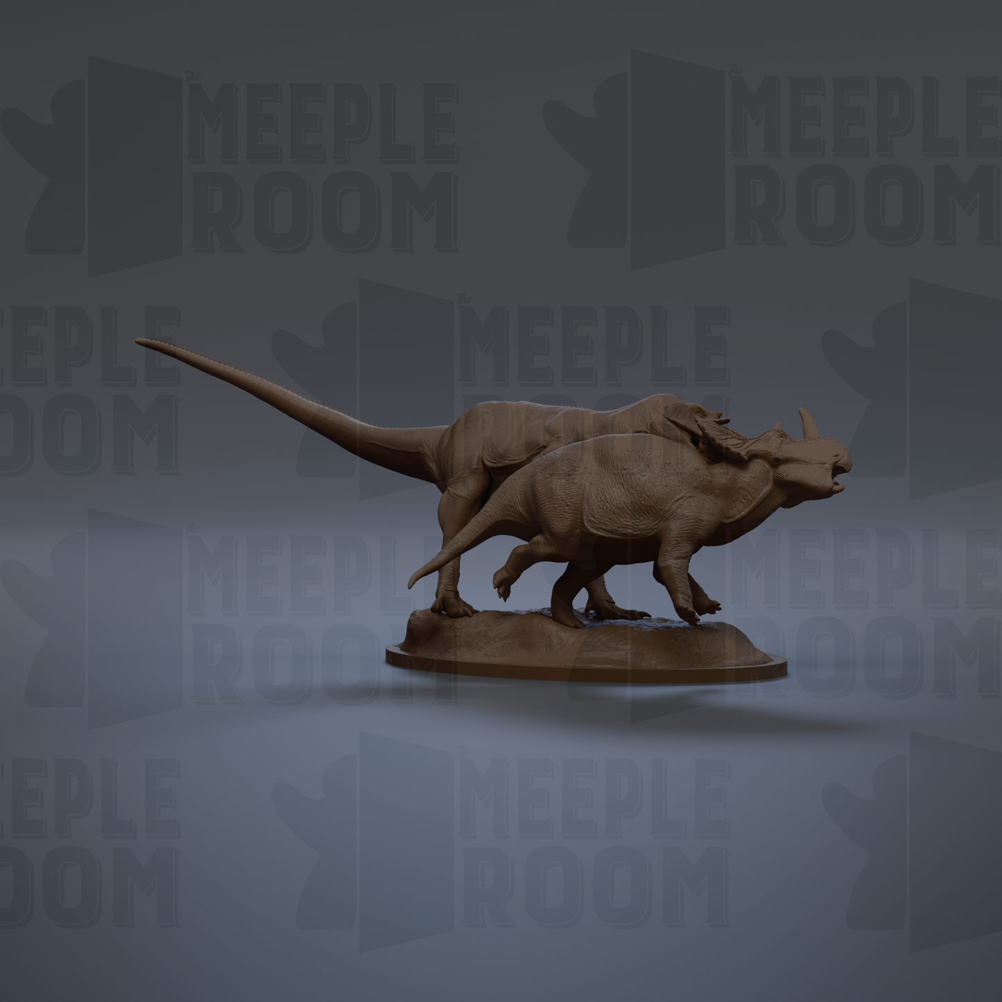 A 3D model of a dinosaur, specifically a Triceratops, is displayed against a gray background with repeated text.