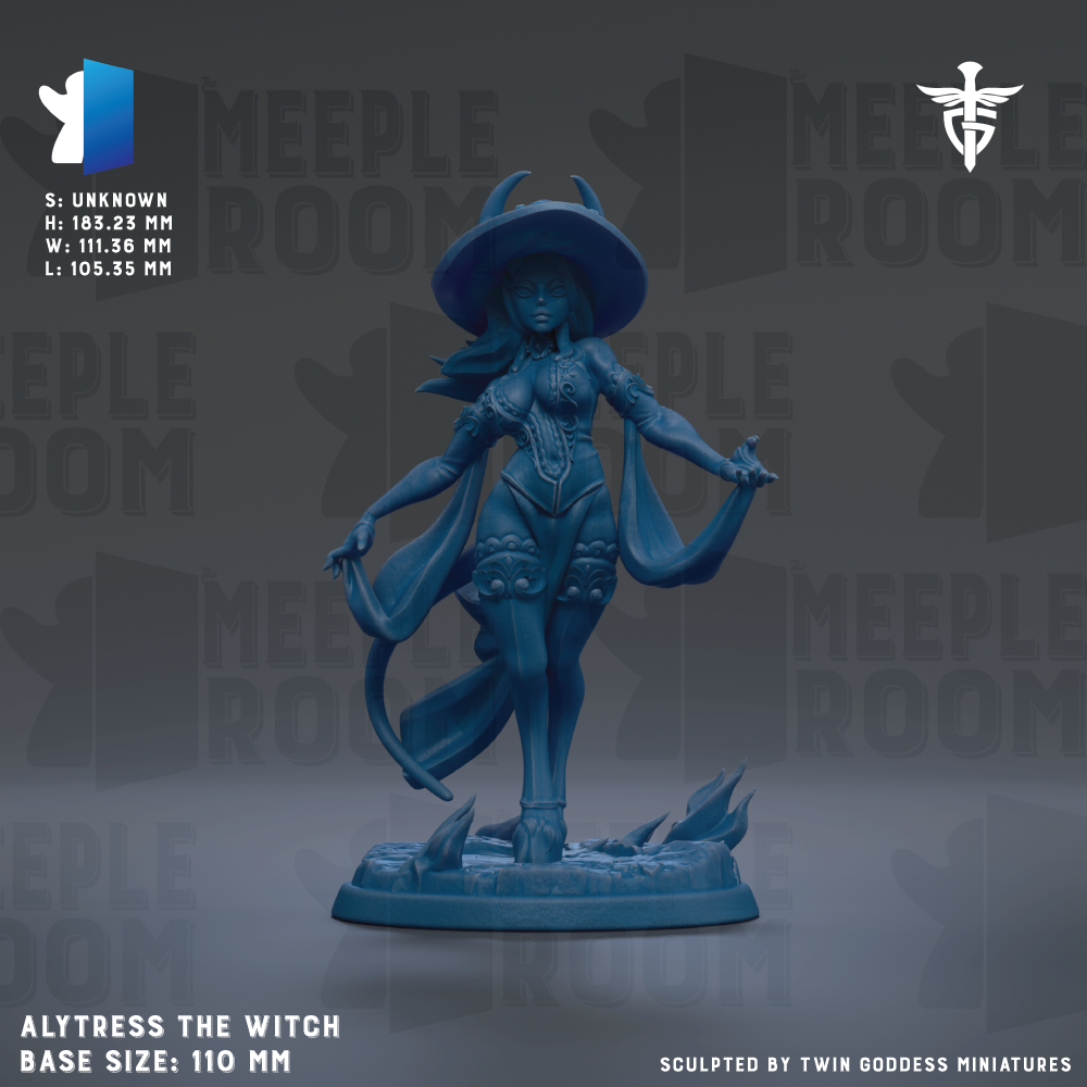 The image is a 3D model of a female character, specifically a witch, with a blue color scheme. The character is depicted in a dynamic pose, with one hand in a claw-like position and the other holding a staff. The background of the image is a dark gray color, which contrasts with the blue of the character. The image is described as a "meadow" and "meadow room" and is labeled as a "meadow room" in the bottom right corner. The base size of the character is described as "meadow size: 10 mm".