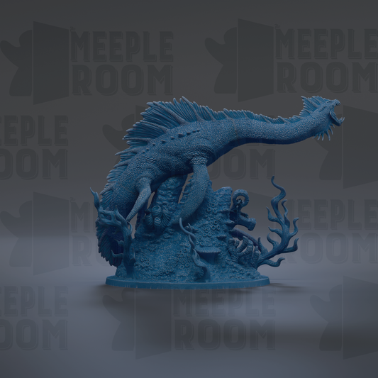 A blue, 3D-rendered dragon figurine is displayed against a dark background with repeated text.